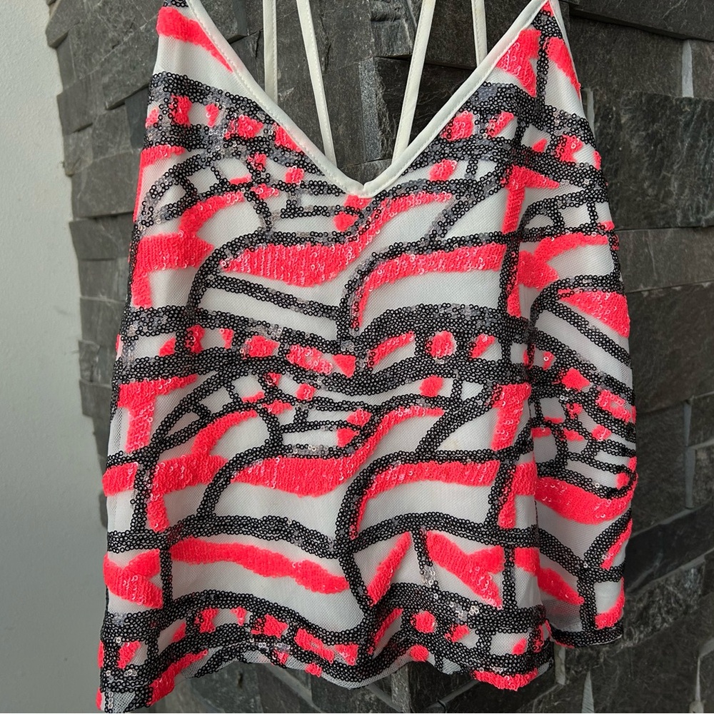 Astr Abstract Hot Pink & Silver Sequin Design Tank